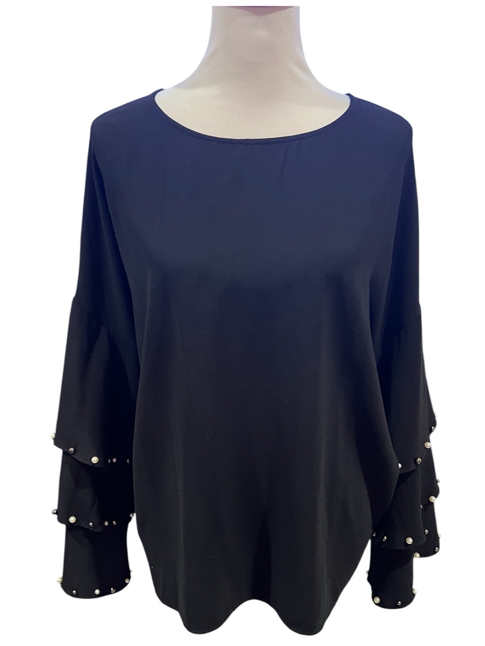 Alberto Makali Black Flutter Sleeve Pearl Adorned Top Size XL